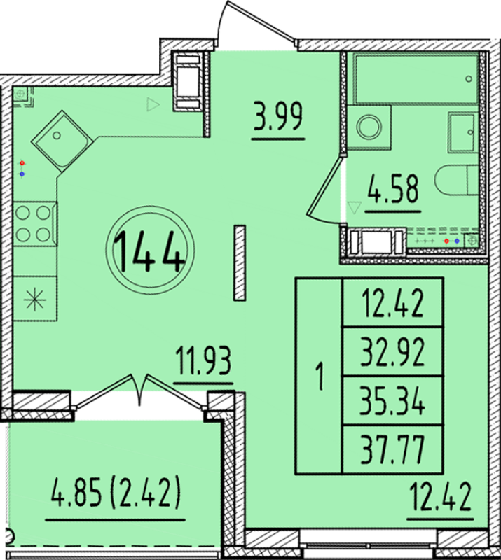 1 ккв 32,9 м²