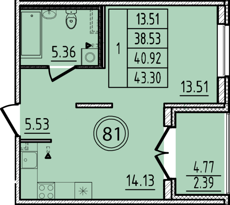 1 ккв 38,5 м²