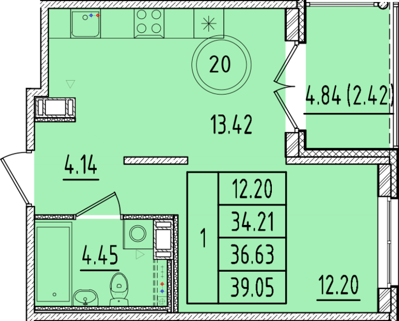 1 ккв 34,2 м²