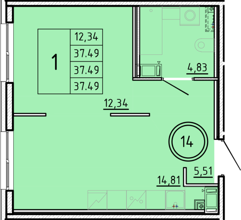 1 ккв 37,5 м²