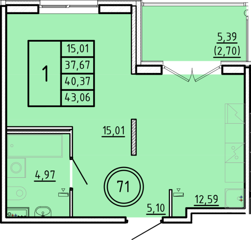 1 ккв 37,7 м²