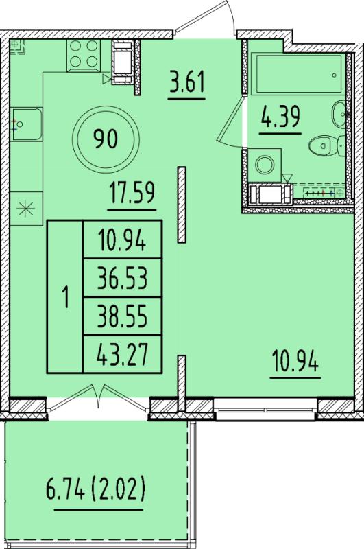 2 ккв (Евро) 36,5 м²