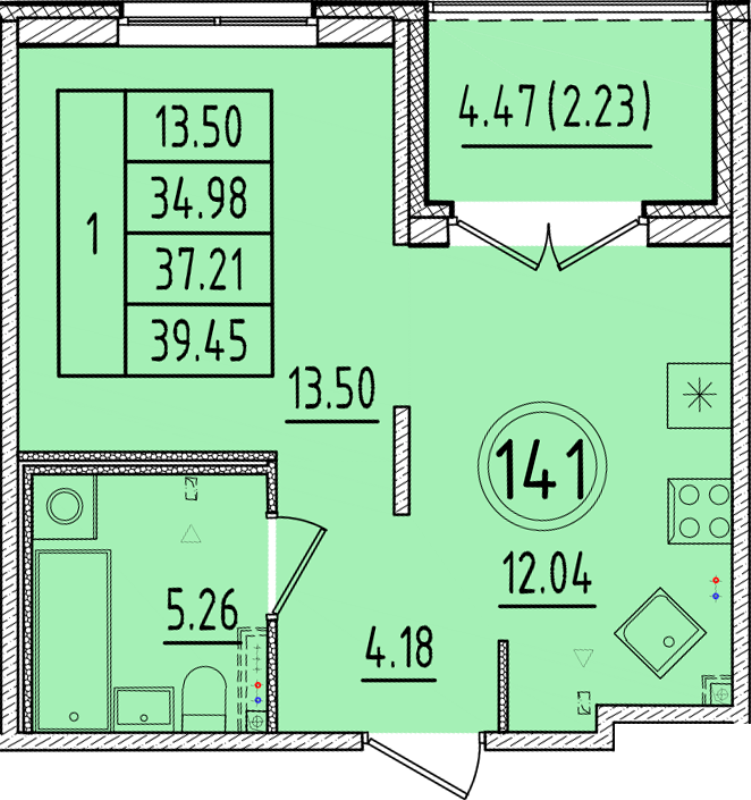 1 ккв 35 м²