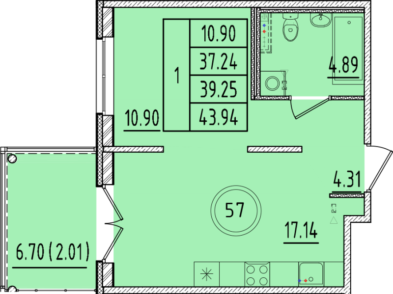 2 ккв (Евро) 37,2 м²
