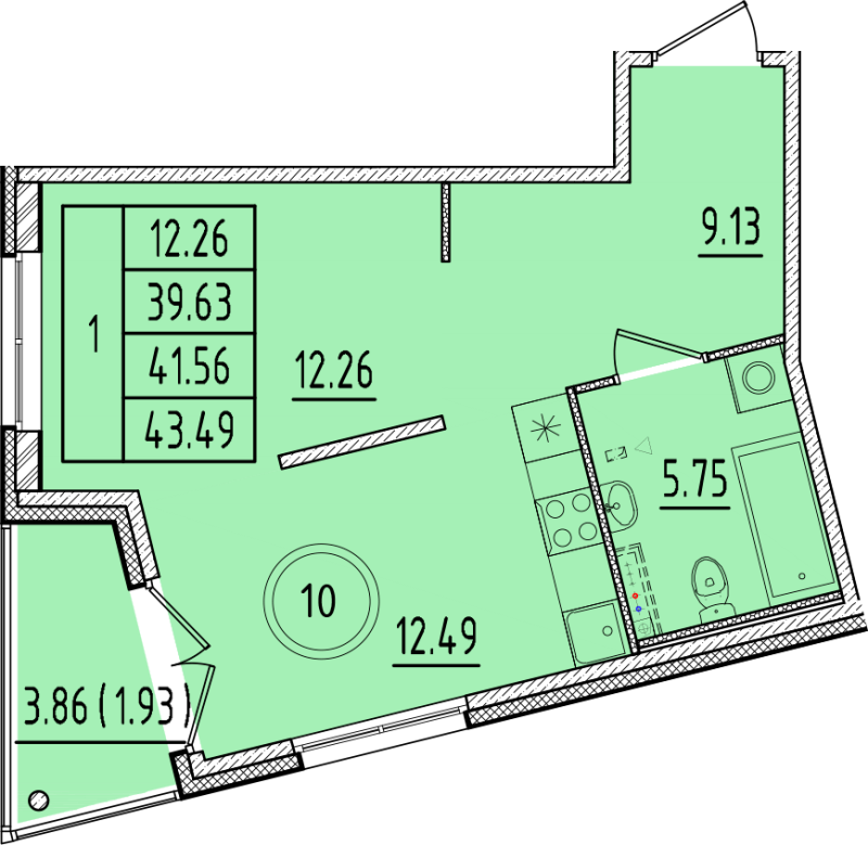 1 ккв 39,6 м²