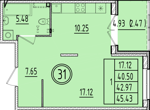 1 ккв 40,5 м²