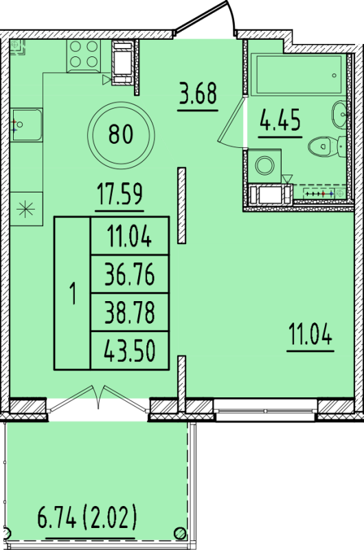 2 ккв (Евро) 36,8 м²