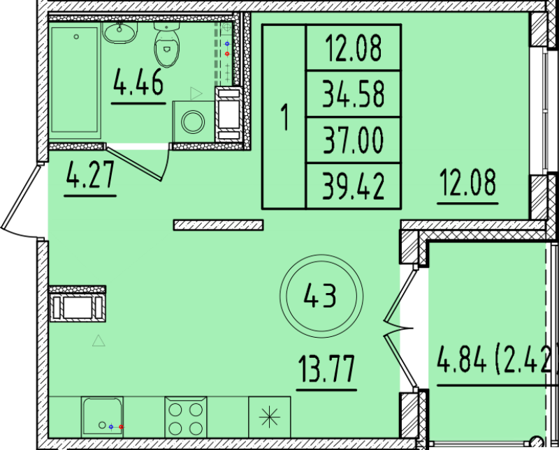 1 ккв 34,6 м²