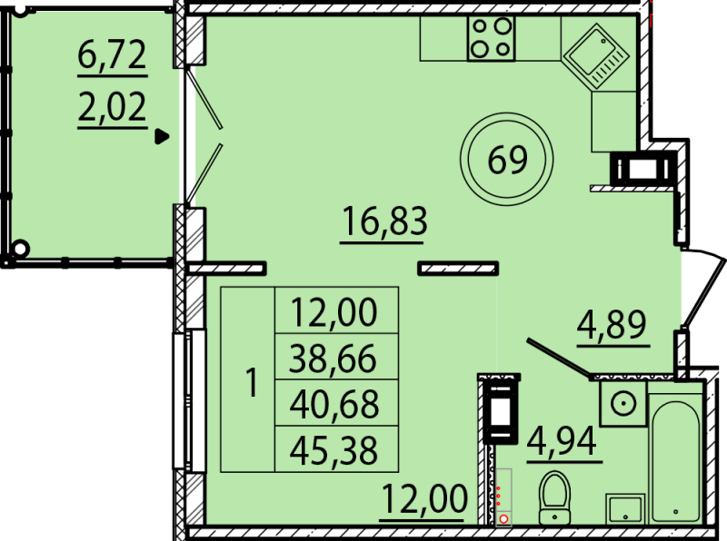 2 ккв (Евро) 38,7 м²
