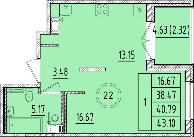 1 ккв 38,5 м²