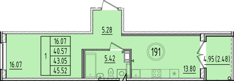 1 ккв 40,6 м²