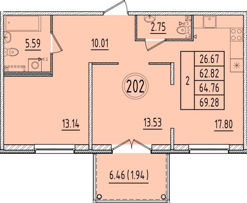 3 ккв (Евро) 62,8 м²