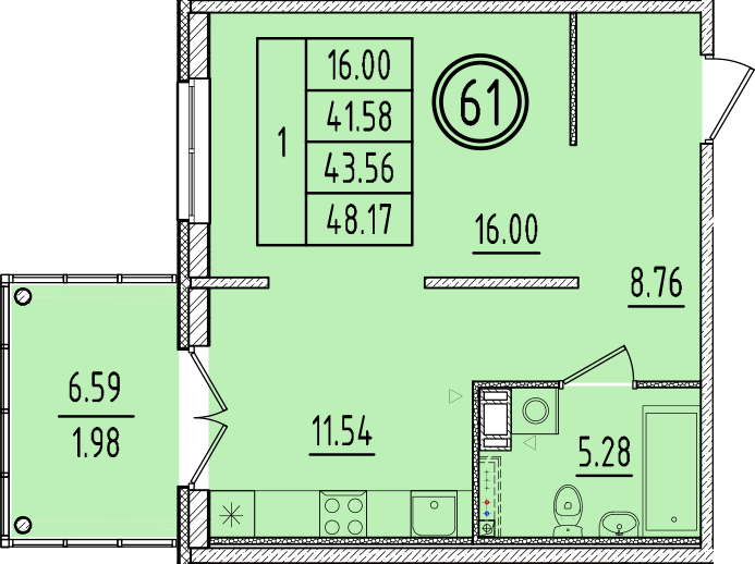 1 ккв 41,6 м²