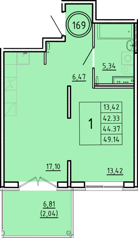 2 ккв (Евро) 42,3 м²