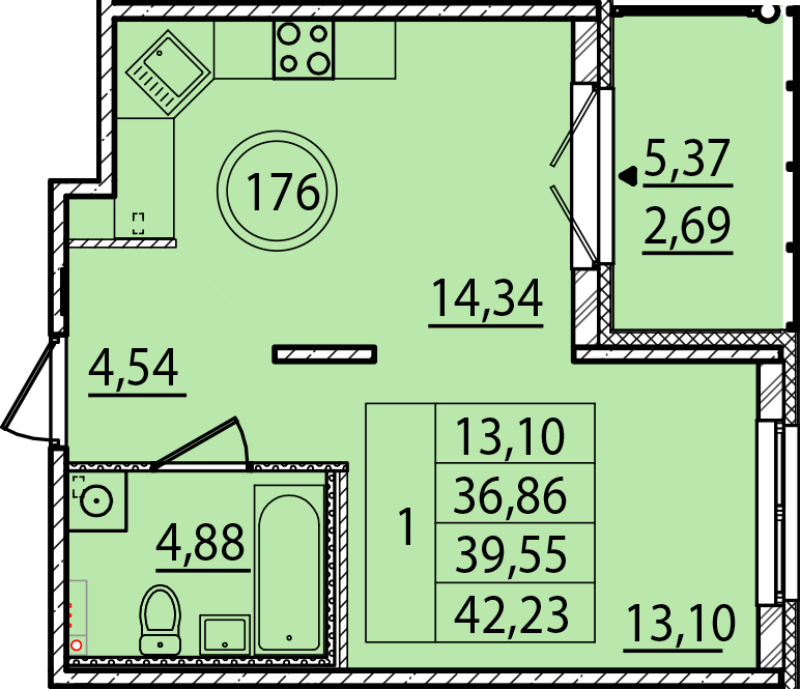1 ккв 36,9 м²