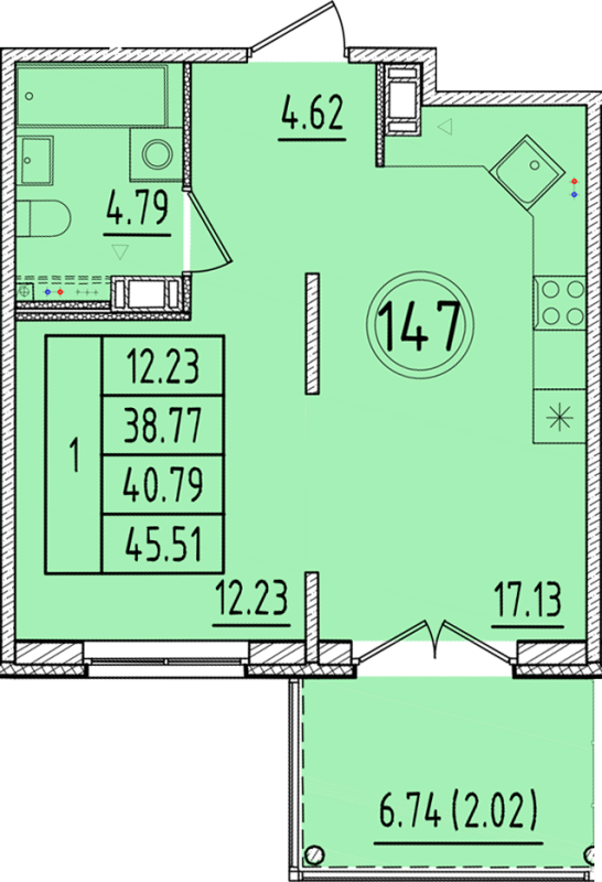 2 ккв (Евро) 38,8 м²