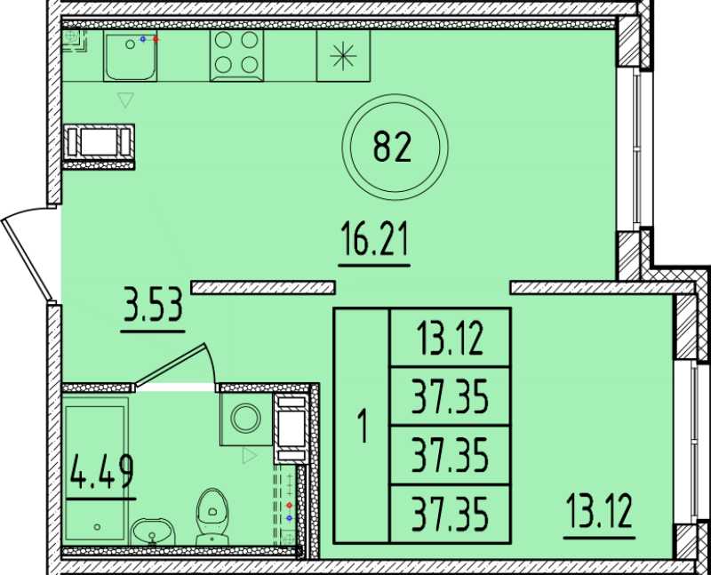 2 ккв (Евро) 37,4 м²