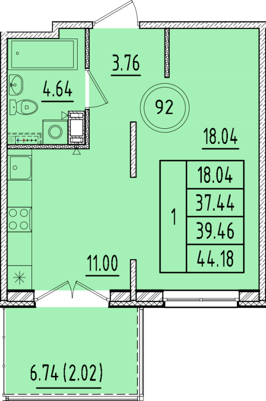 1 ккв 37,4 м²