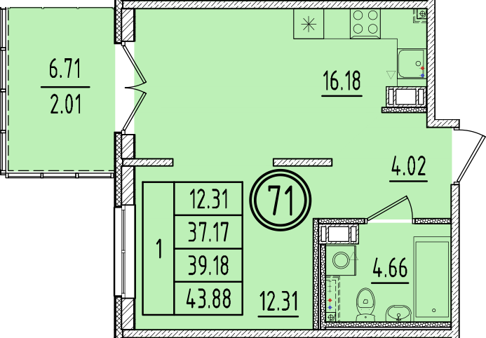 2 ккв (Евро) 37,2 м²