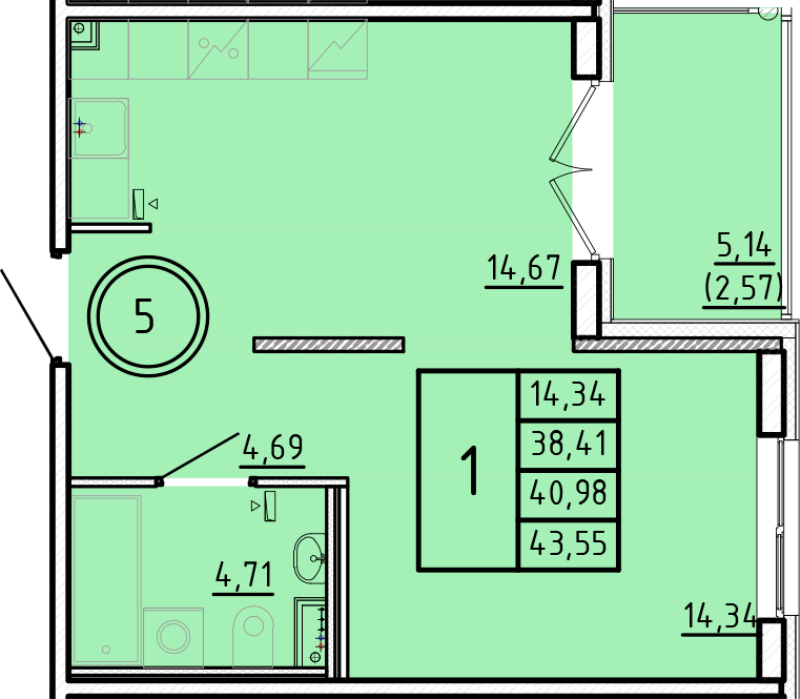 1 ккв 38,4 м²