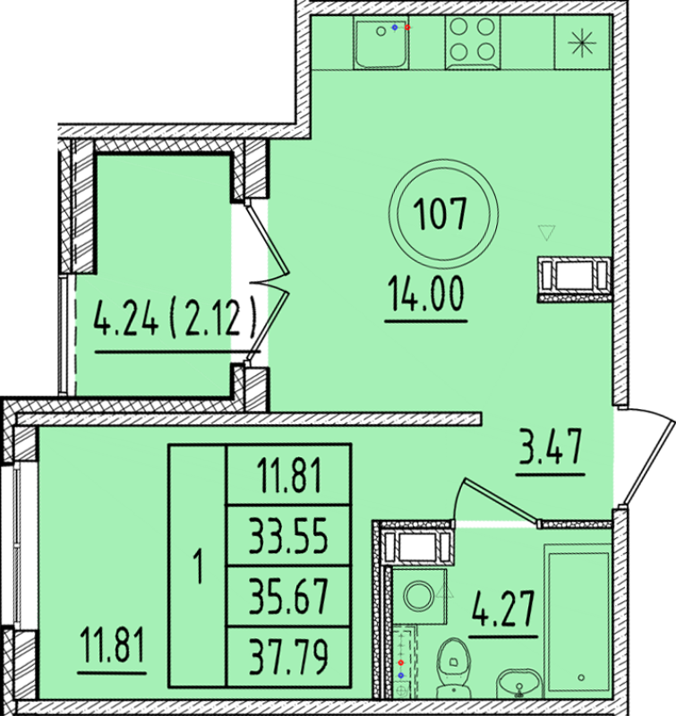 1 ккв 33,6 м²