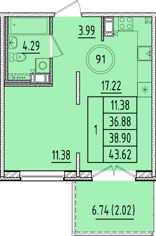 2 ккв (Евро) 36,9 м²