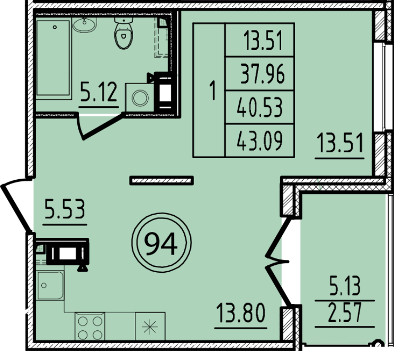 1 ккв 38 м²