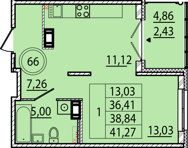 1 ккв 36,4 м²