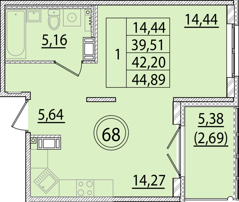 1 ккв 39,5 м²