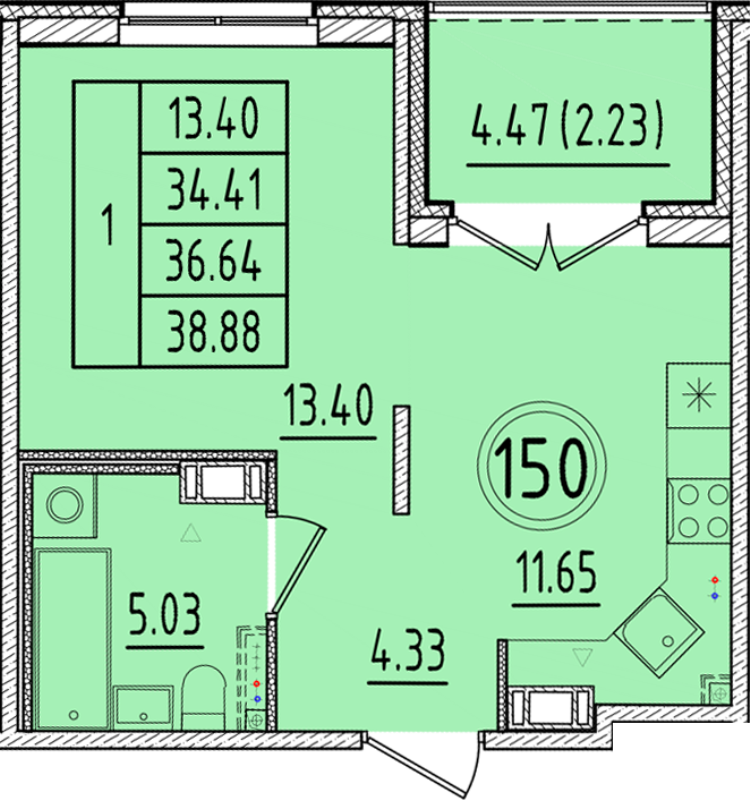 1 ккв 34,4 м²