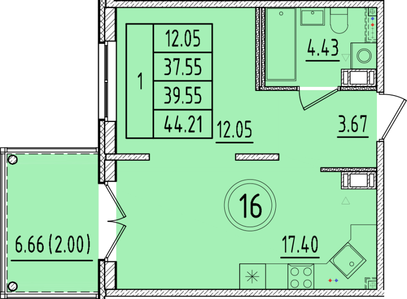 2 ккв (Евро) 37,6 м²
