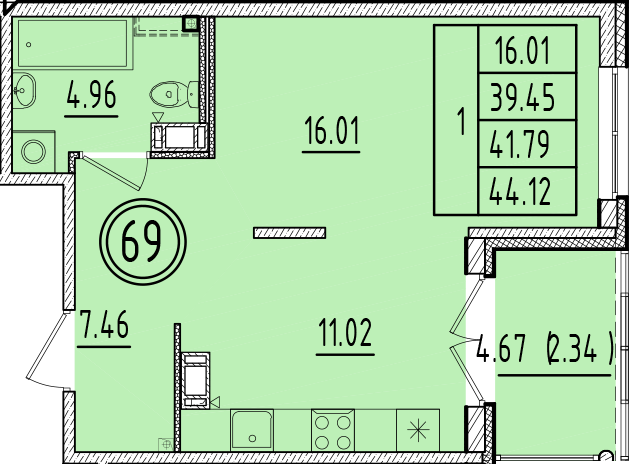 1 ккв 39,5 м²