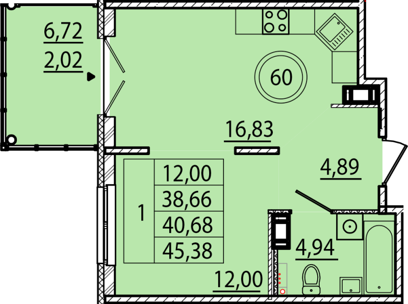 2 ккв (Евро) 38,7 м²
