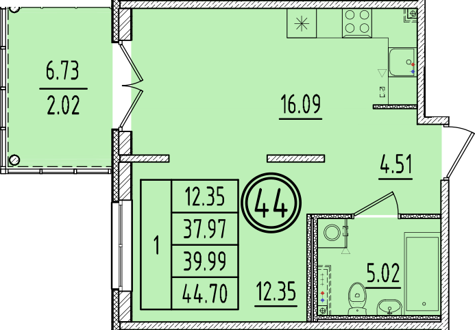 2 ккв (Евро) 38 м²