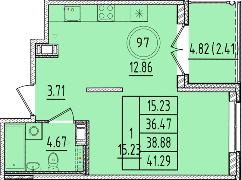 1 ккв 36,5 м²