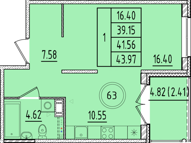 2 ккв (Евро) 39,2 м²