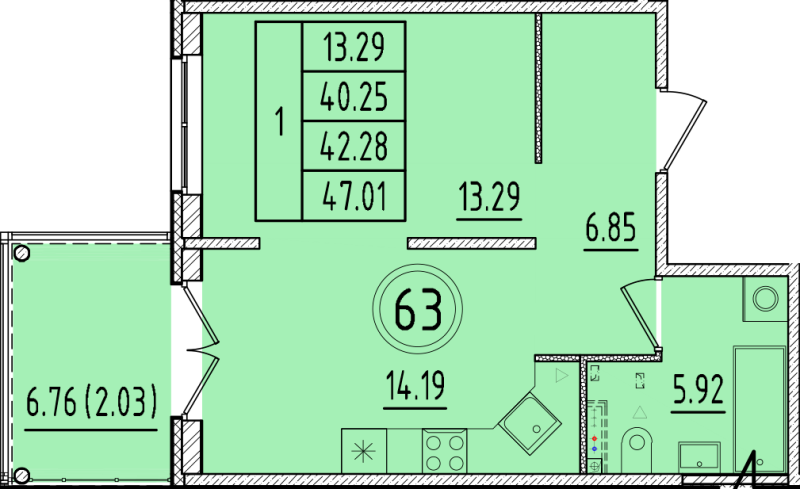 1 ккв 40,3 м²