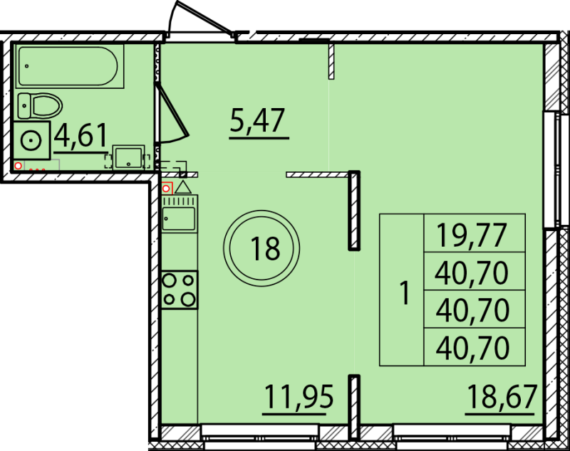 1 ккв 40,7 м²