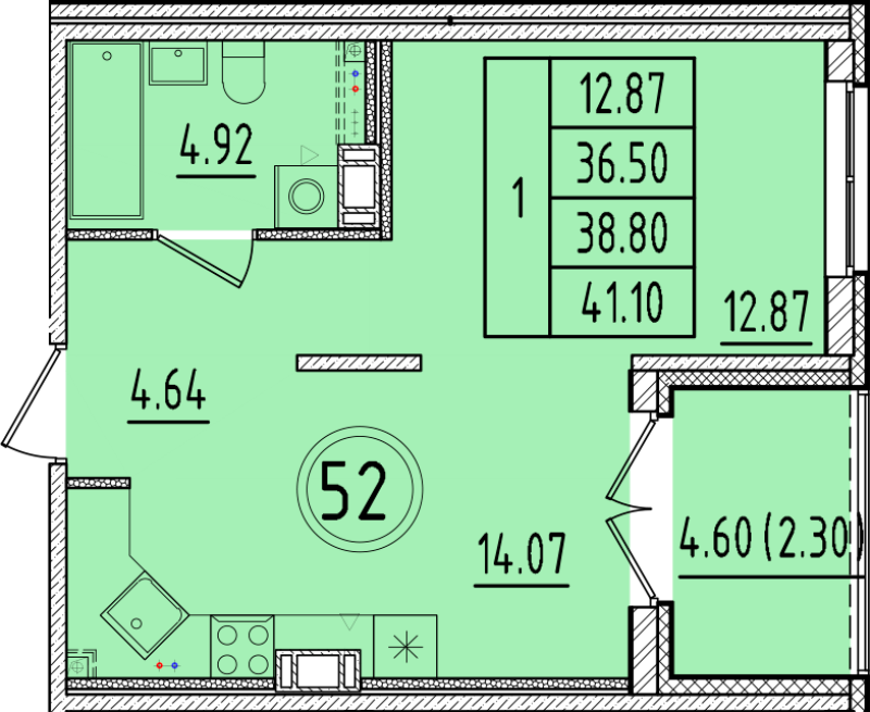 1 ккв 36,5 м²