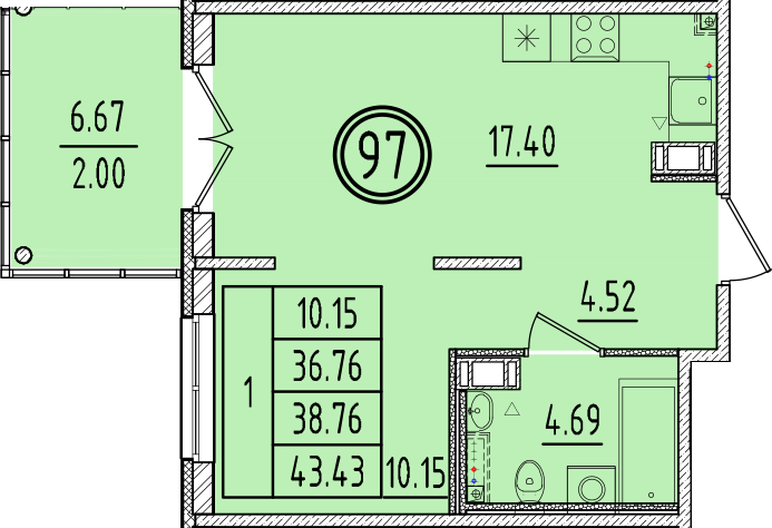 2 ккв (Евро) 36,8 м²