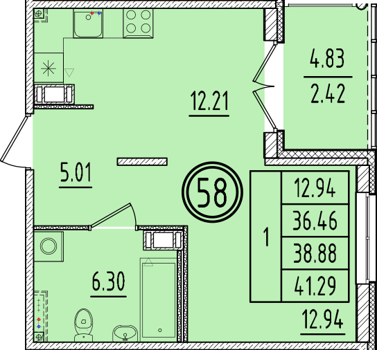 1 ккв 36,5 м²
