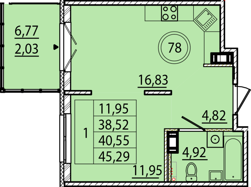 2 ккв (Евро) 38,5 м²
