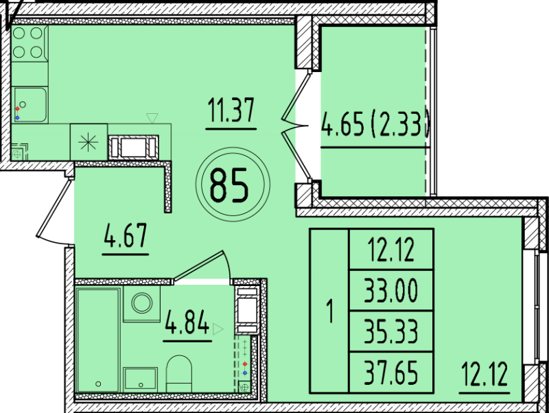 1 ккв 33 м²
