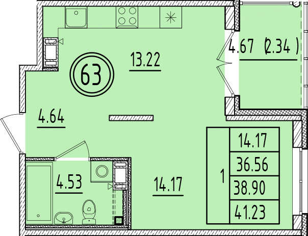 1 ккв 36,6 м²