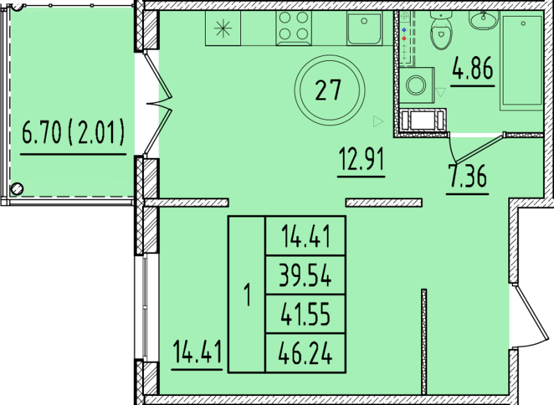 1 ккв 39,5 м²