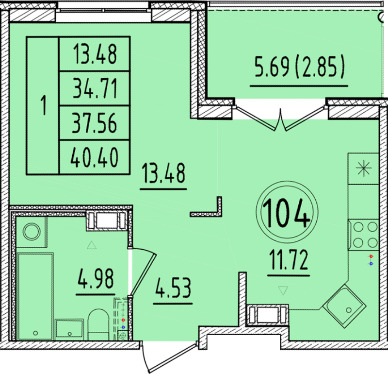 1 ккв 34,7 м²