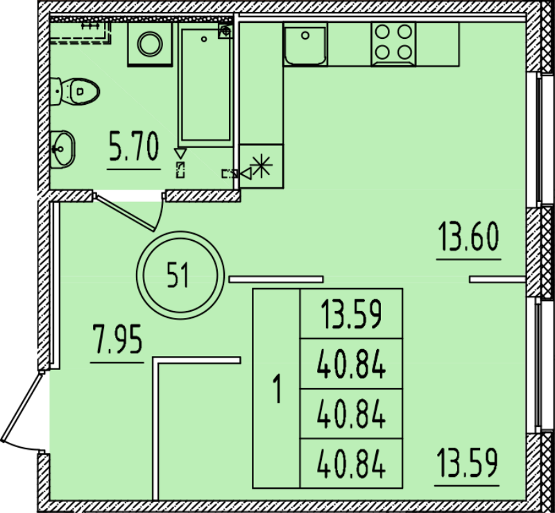 1 ккв 40,8 м²