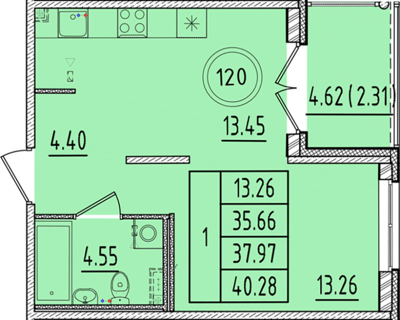 1 ккв 35,7 м²