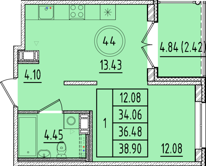 1 ккв 34,1 м²