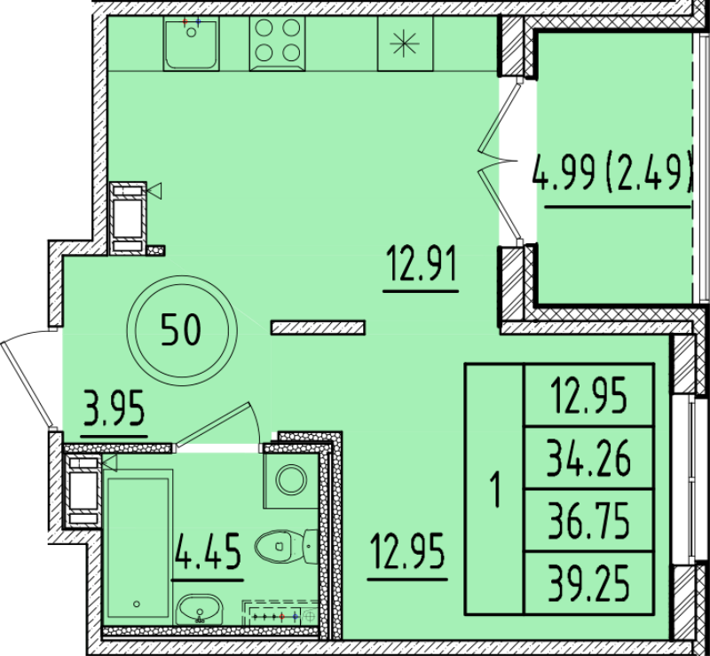 1 ккв 34,3 м²